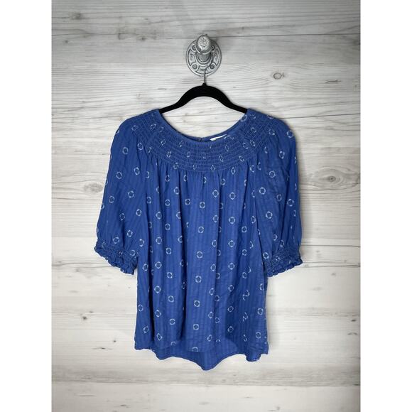Sonoma Goods For Life Shirt Womens Large Blue Smocked Peasant Embroidered Boho - Picture 1 of 10